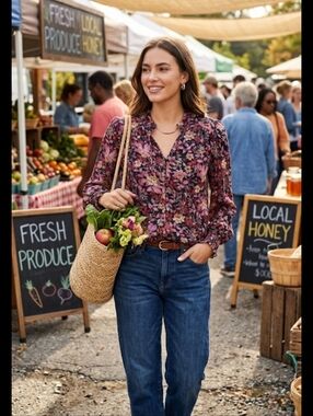 Dex Black Floral Button-Up Blouse with Pink & Cream Accents